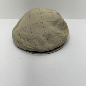 Tempo Men Flat Cap Newsboy Hat Size L Tan Linen Blend Windowpane Plaid Snap Brim